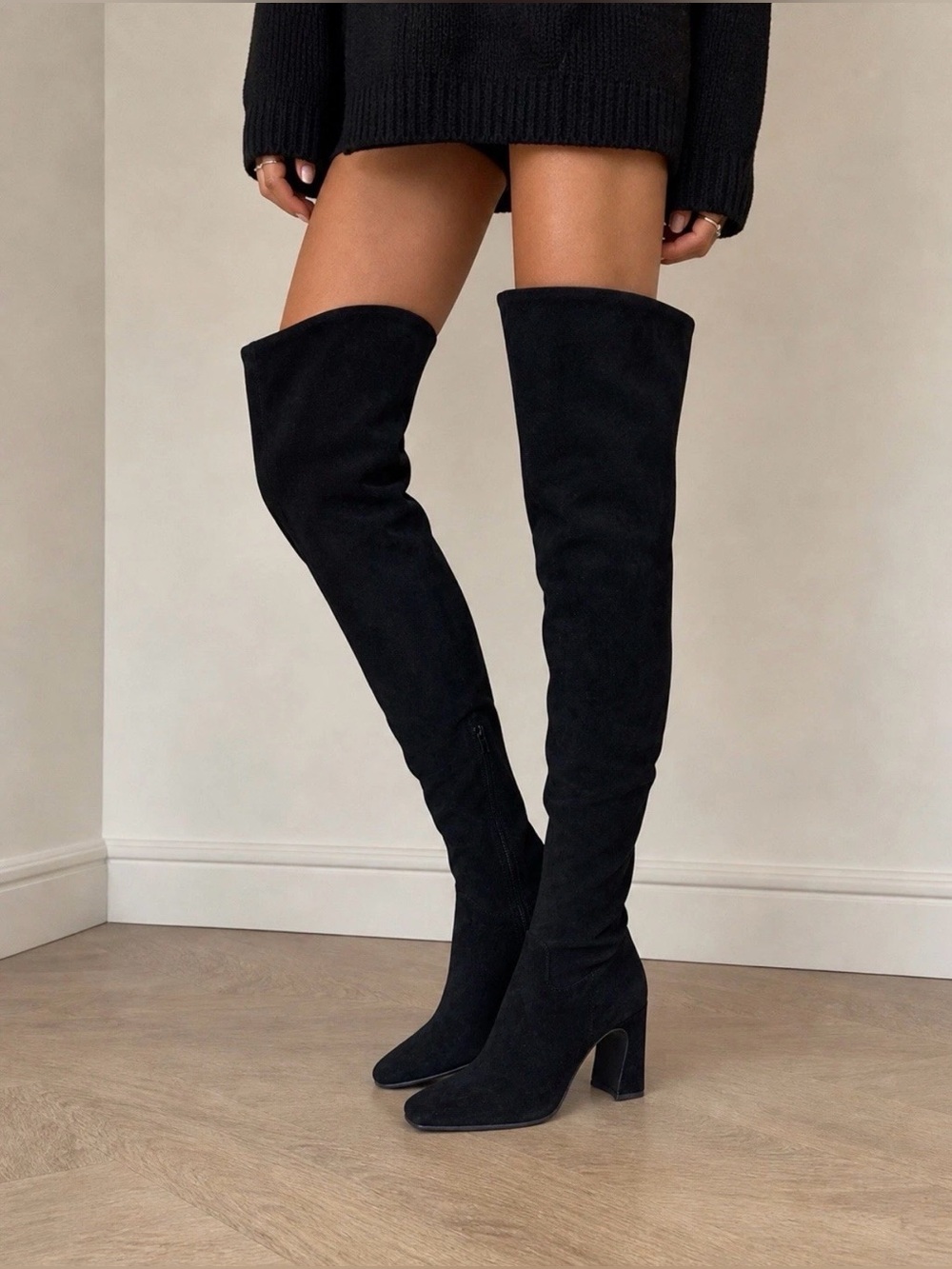 STEVE MADDEN Black Suede Leather Thigh High OTK Boots 6M Sleek Block Heel NEW